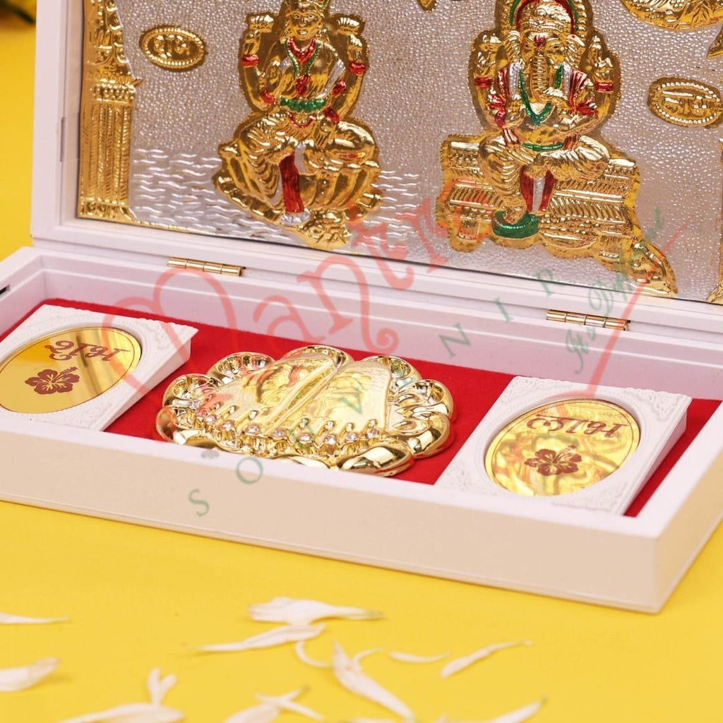 Marvel Gold Plated Laxmi Ganesh Frame with Charan Paduka in ABS Polymer Box | Spiritual Gift & Puja Decor