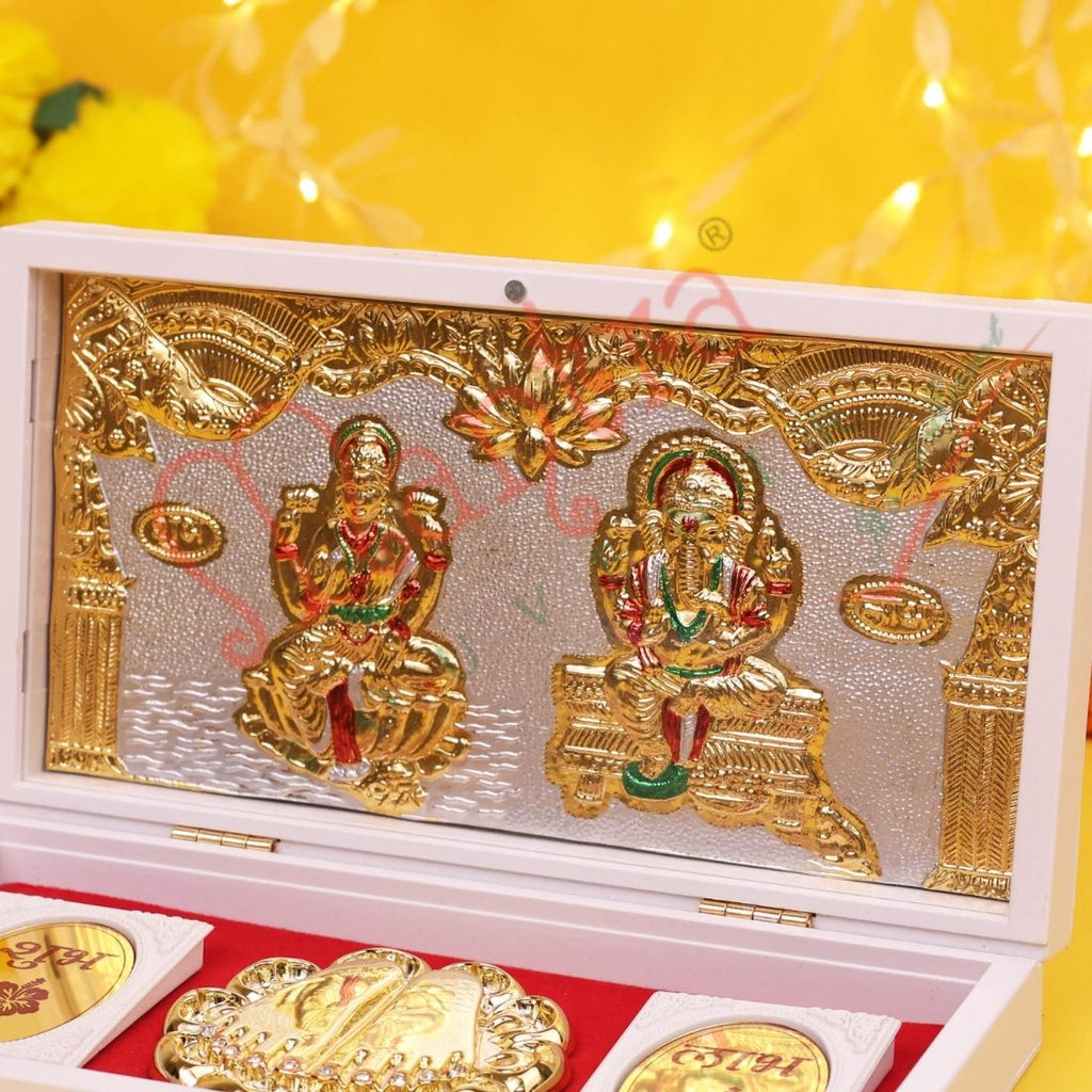 Marvel Gold Plated Laxmi Ganesh Frame with Charan Paduka in ABS Polymer Box | Spiritual Gift & Puja Decor