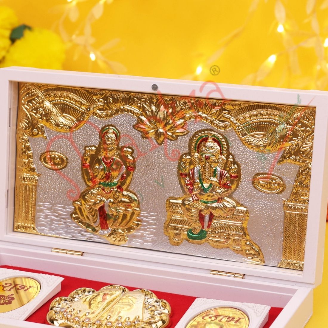 Marvel Gold Plated Laxmi Ganesh Frame with Charan Paduka in ABS Polymer Box | Spiritual Gift & Puja Decor