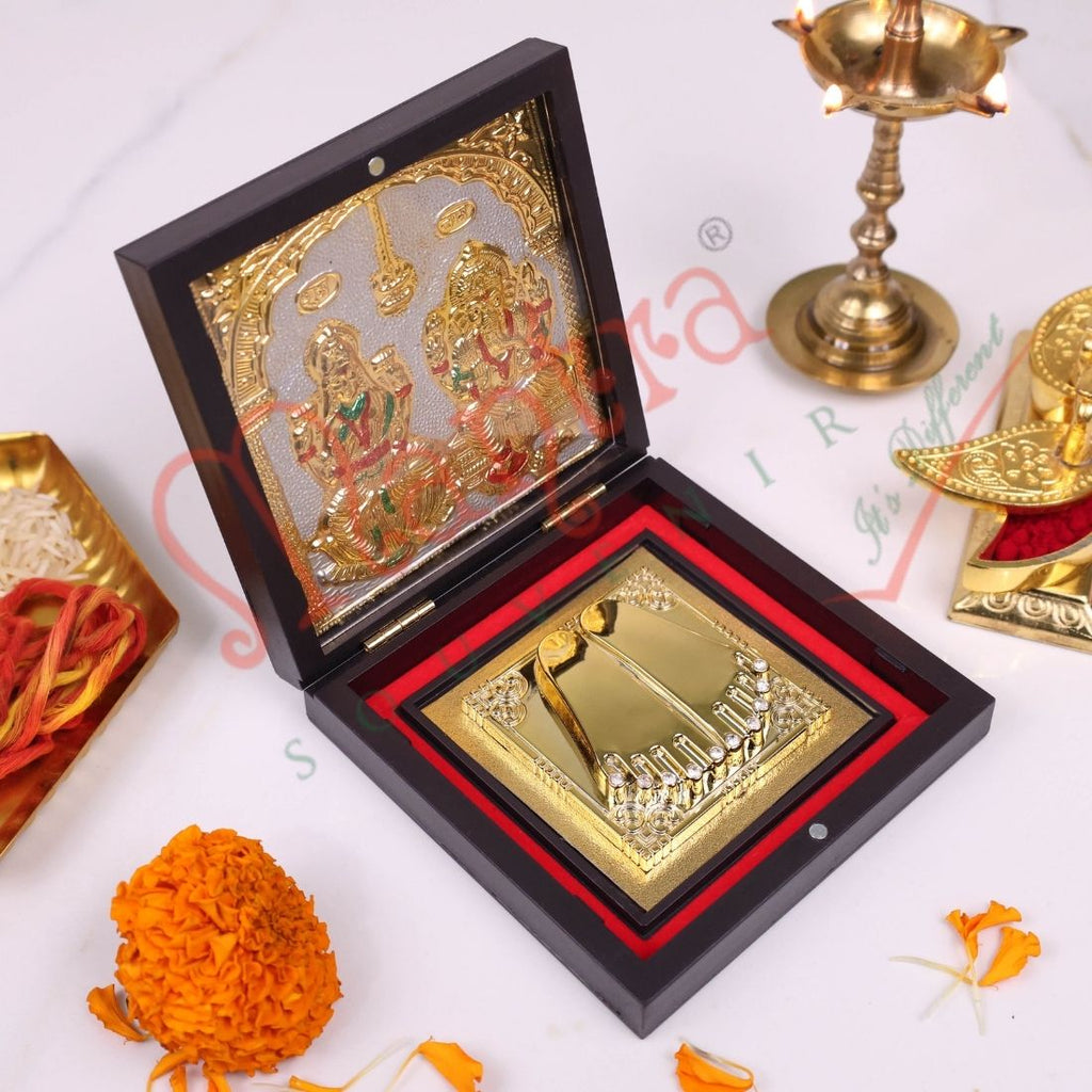 Gold Plated Laxmi Ganesha Charan Paduka in Premium Box – Divine Footprints for Wealth, Prosperity & Home Mandir Decor