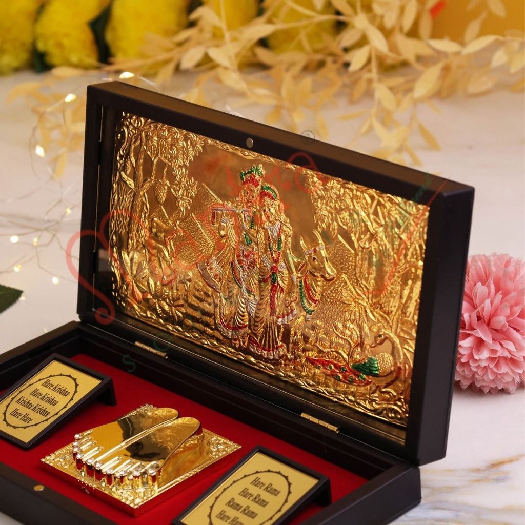Gold Plated Radha Krishna Charan Paduka Box – Premium ABS Polymer Divine Couple Idol for Home Temple & Decor – Spiritual Blessing Gift with Maha Mantra Inscriptions