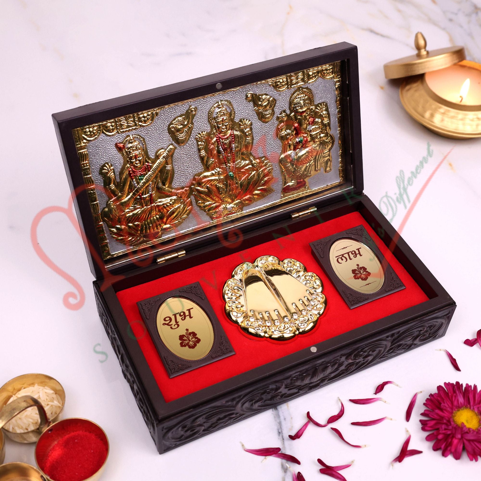 Premium Laxmi Ganesh Saraswati Charan Paduka Corporate Gift Box – Gold Plated Divine Trio in ABS Polymer for Prosperity, Wisdom & Knowledge