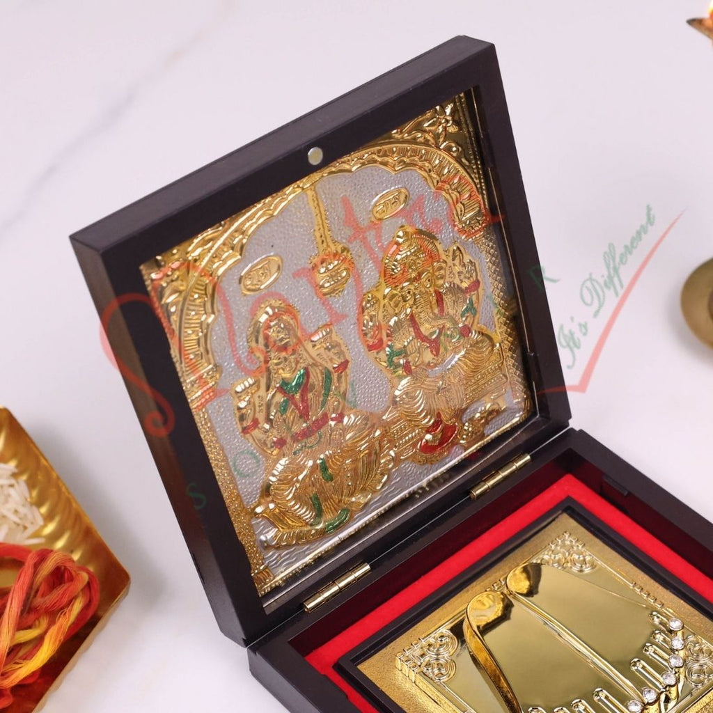 Gold Plated Laxmi Ganesha Charan Paduka in Premium Box – Divine Footprints for Wealth, Prosperity & Home Mandir Decor