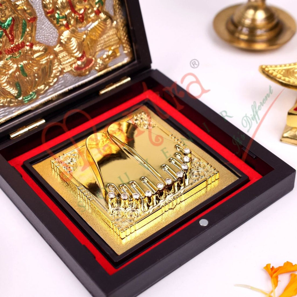 Gold Plated Laxmi Ganesha Charan Paduka in Premium Box – Divine Footprints for Wealth, Prosperity & Home Mandir Decor