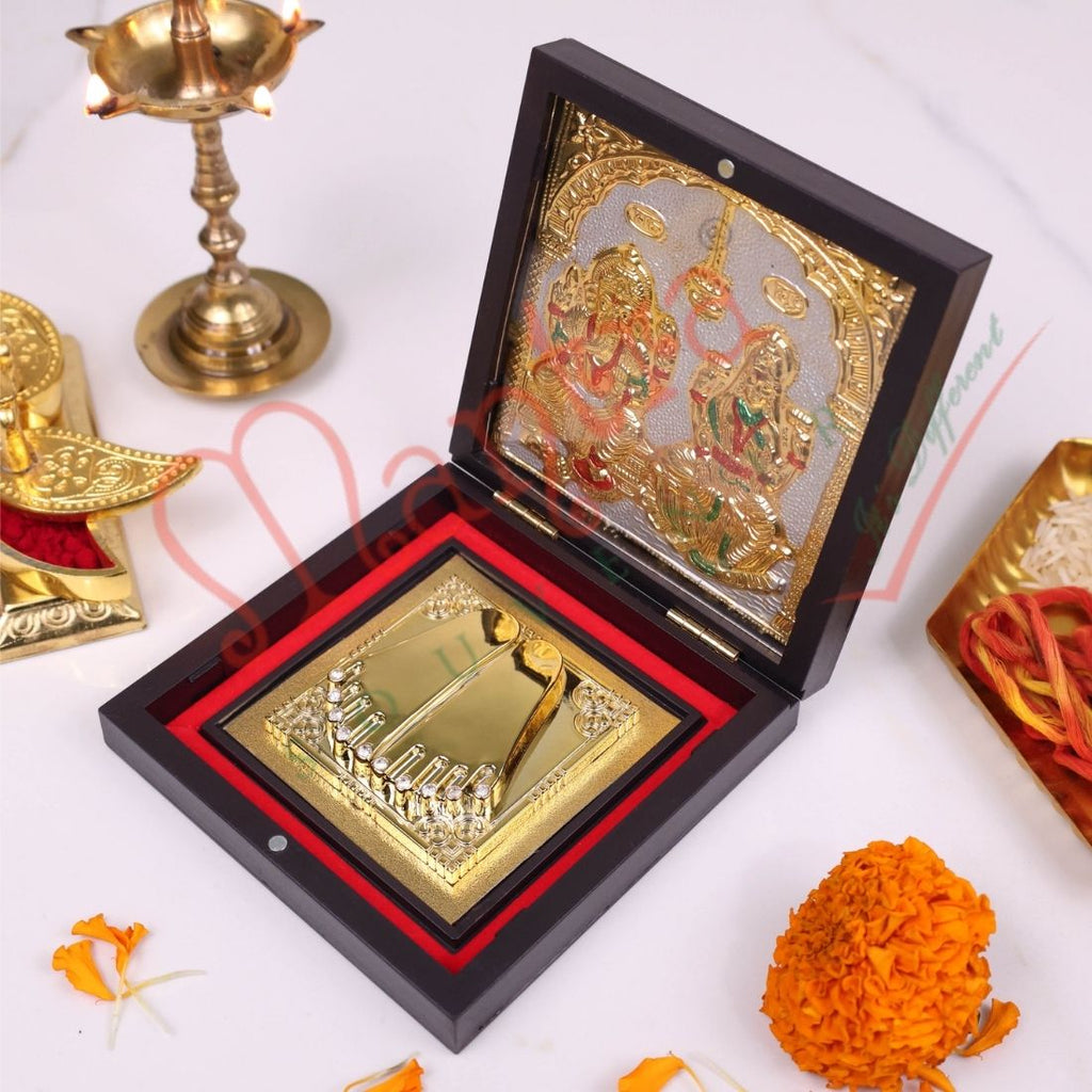 Gold Plated Laxmi Ganesha Charan Paduka in Premium Box – Divine Footprints for Wealth, Prosperity & Home Mandir Decor