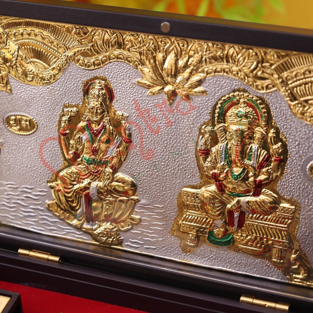 Premium Gold Plated Laxmi Ganesh Charan Paduka Box – Durable ABS Polymer Spiritual Frame with Shree Yantra for Home Mandir, Wealth & Prosperity Gifting