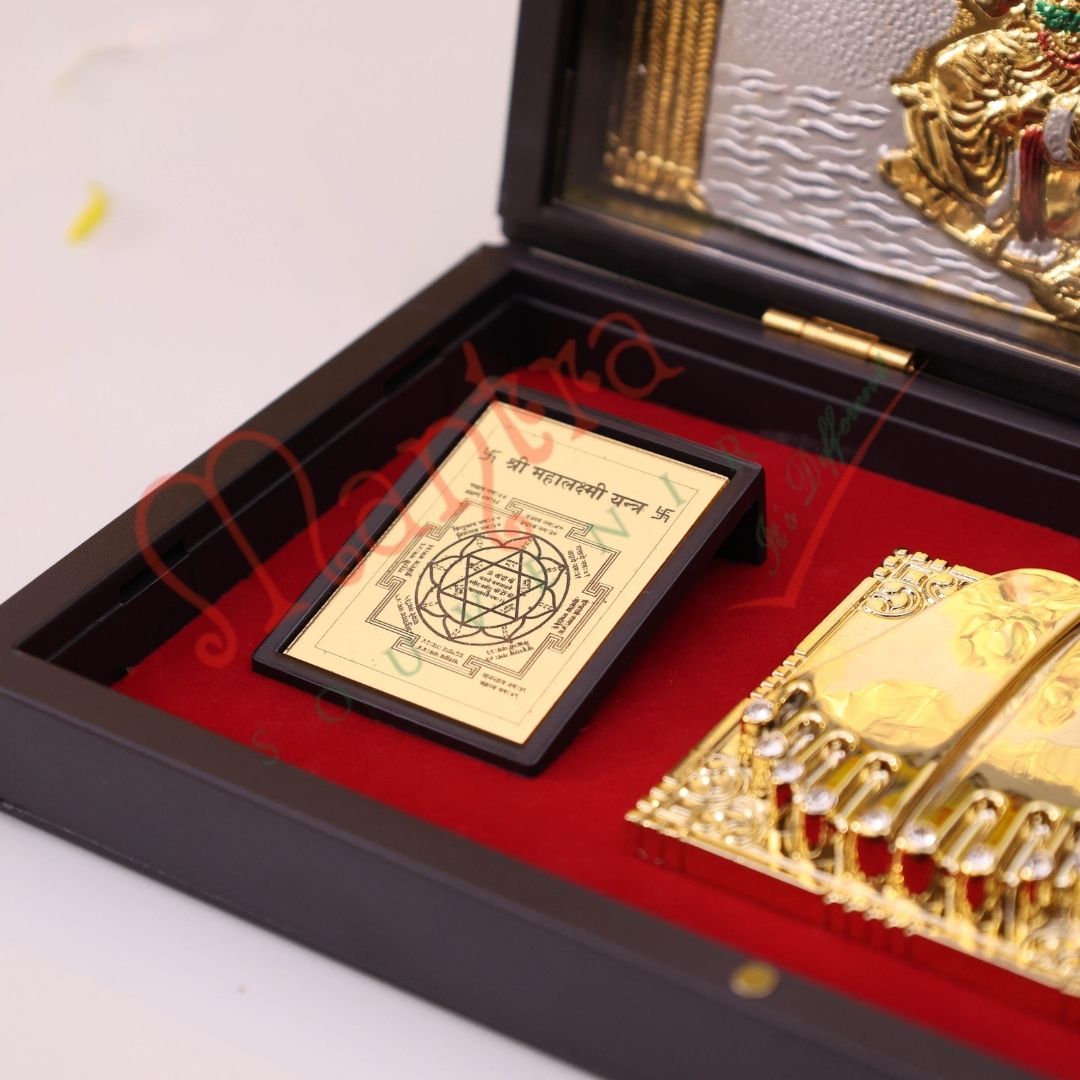 Premium Gold Plated Laxmi Ganesh Charan Paduka Box – Durable ABS Polymer Spiritual Frame with Shree Yantra for Home Mandir, Wealth & Prosperity Gifting