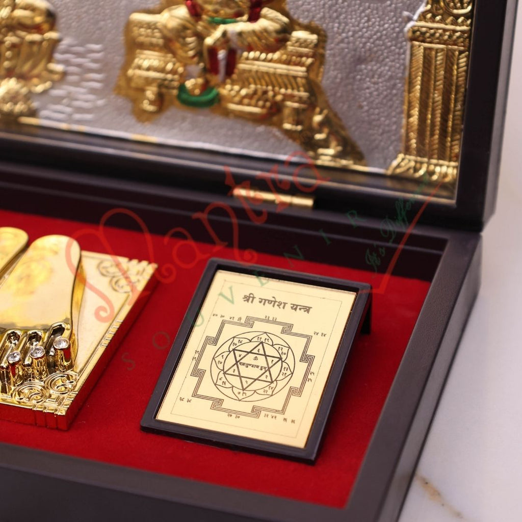 Premium Gold Plated Laxmi Ganesh Charan Paduka Box – Durable ABS Polymer Spiritual Frame with Shree Yantra for Home Mandir, Wealth & Prosperity Gifting