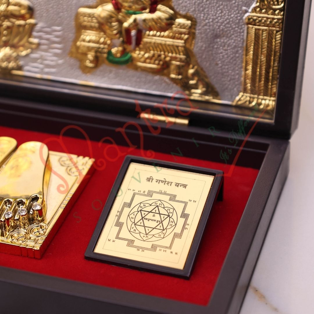 Premium Gold Plated Laxmi Ganesh Charan Paduka Box – Durable ABS Polymer Spiritual Frame with Shree Yantra for Home Mandir, Wealth & Prosperity Gifting