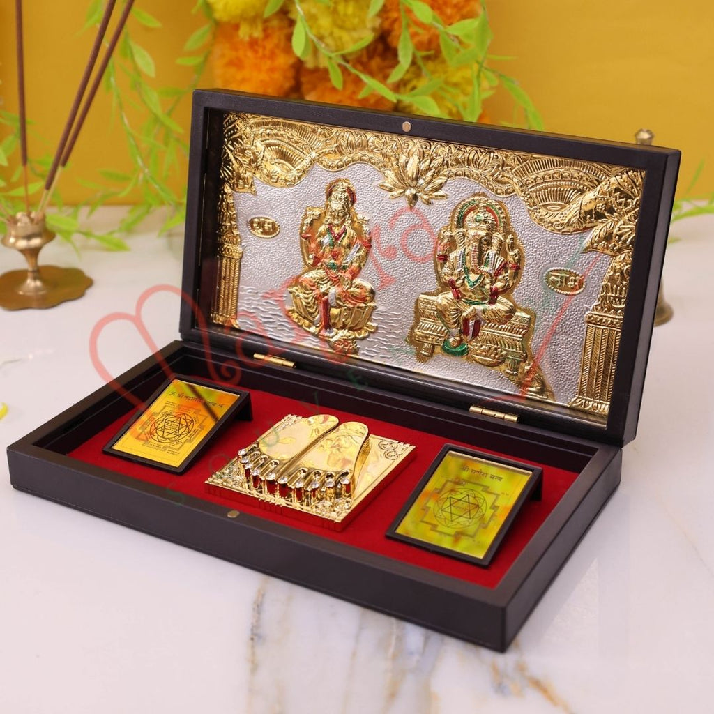 Premium Gold Plated Laxmi Ganesh Charan Paduka Box – Durable ABS Polymer Spiritual Frame with Shree Yantra for Home Mandir, Wealth & Prosperity Gifting