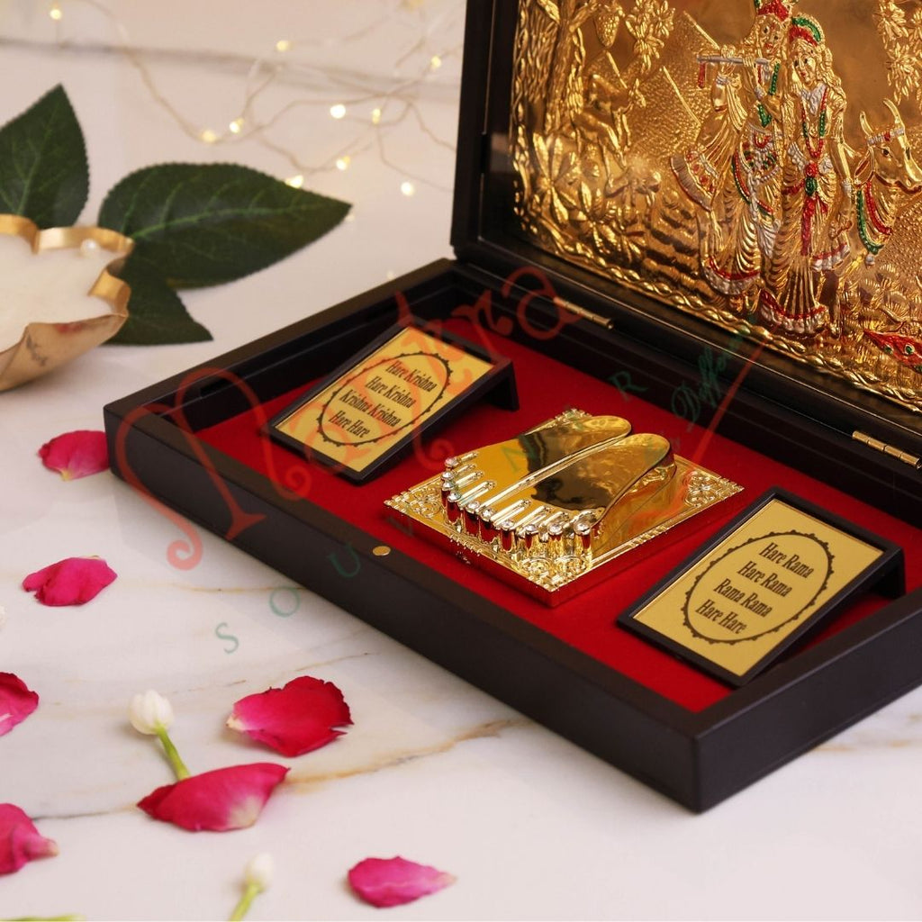 Gold Plated Radha Krishna Charan Paduka Box – Premium ABS Polymer Divine Couple Idol for Home Temple & Decor – Spiritual Blessing Gift with Maha Mantra Inscriptions