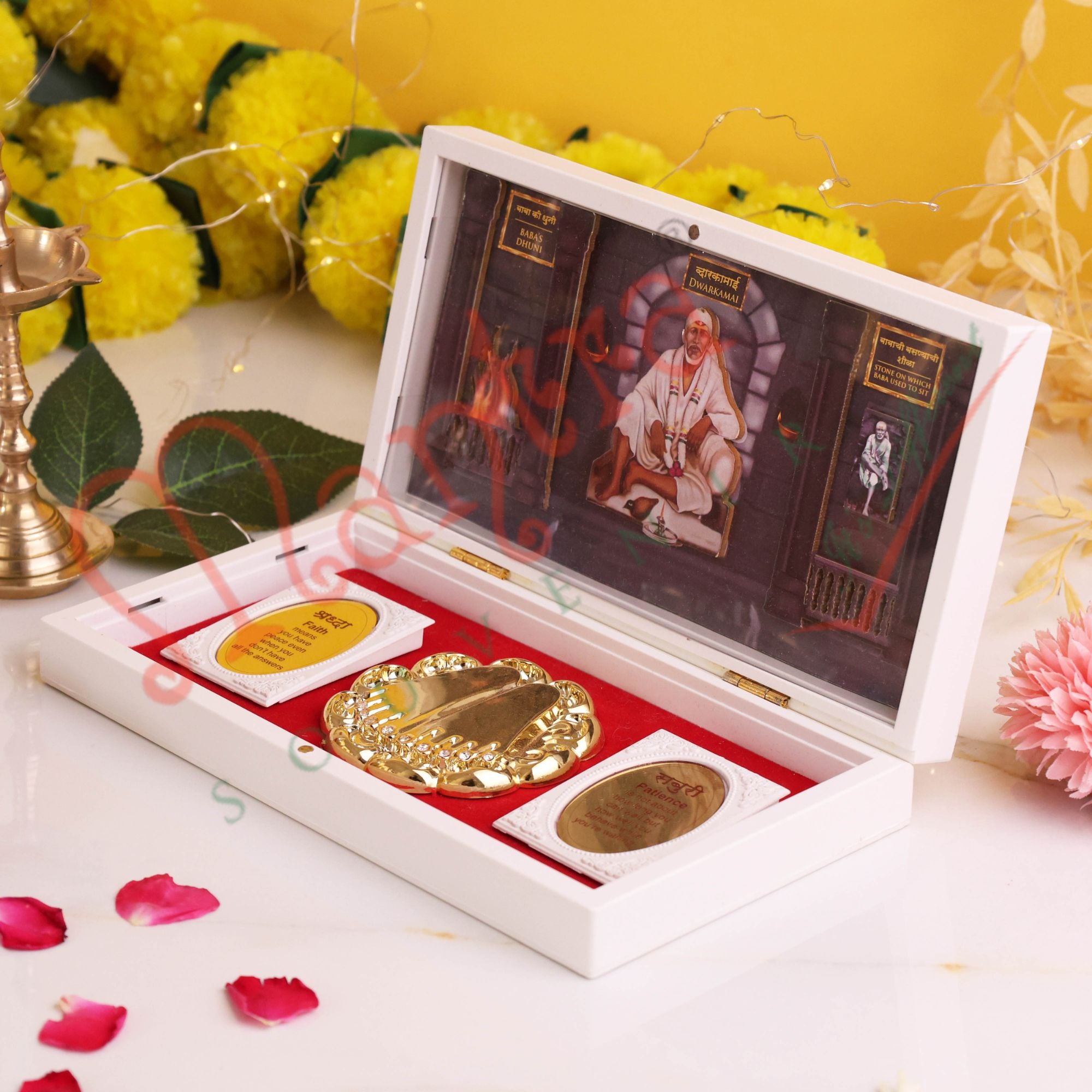 Marvel 3D Sai Baba Dwarkamai Spiritual Charan Paduka Gift Box – Shraddha & Saburi Inscriptions – Premium ABS Polymer Devotional Frame for Home & Office
