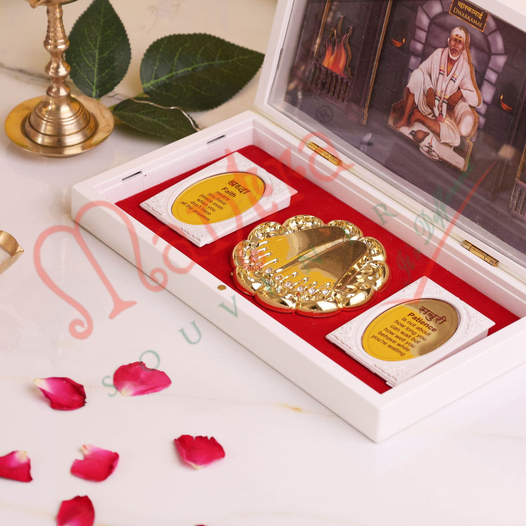 Marvel 3D Sai Baba Dwarkamai Spiritual Charan Paduka Gift Box – Shraddha & Saburi Inscriptions – Premium ABS Polymer Devotional Frame for Home & Office