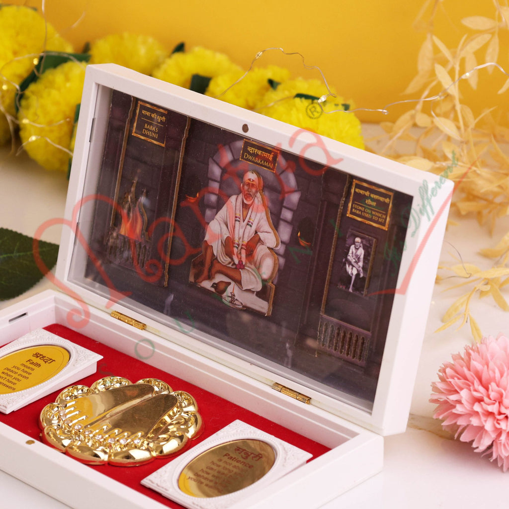 Marvel 3D Sai Baba Dwarkamai Spiritual Charan Paduka Gift Box – Shraddha & Saburi Inscriptions – Premium ABS Polymer Devotional Frame for Home & Office