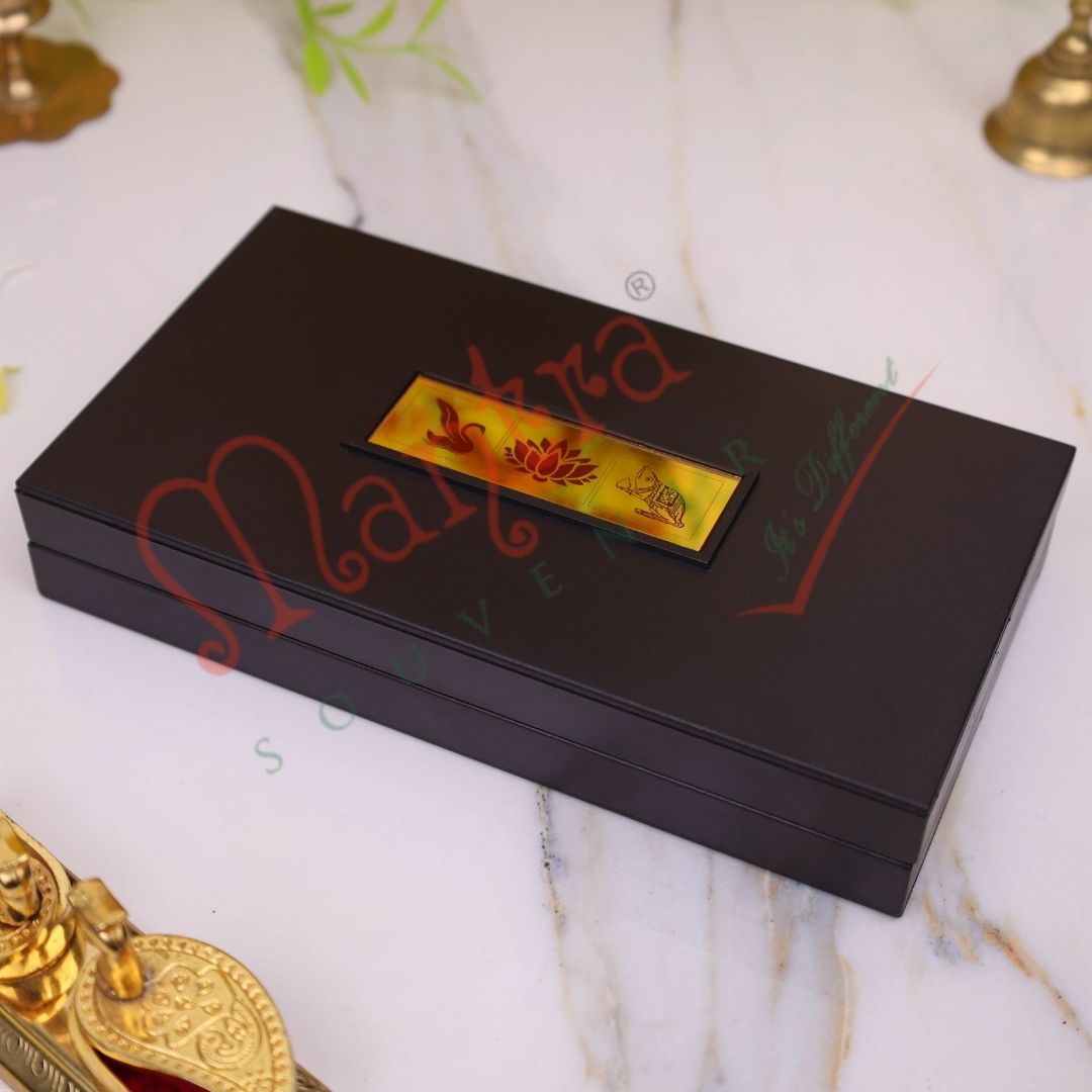Premium Gold Plated Laxmi Ganesh Saraswati Charan Paduka Box – Durable ABS Polymer Spiritual Frame for Wealth, Wisdom & Auspicious Gifting