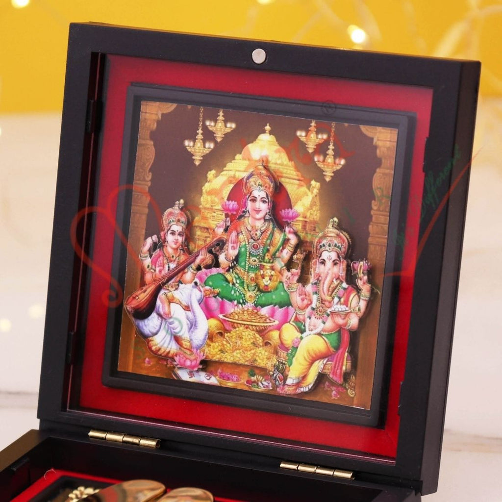 Lakshmi Ganesh Saraswati  Charan Paduka Box | Gold Finish Divine Footprints | Wealth Wisdom Prosperity Mandir Decor | Spiritual Religious Gift