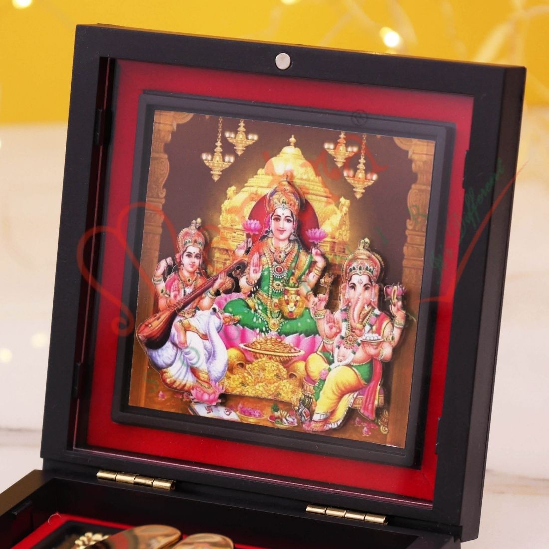 Lakshmi Ganesh Saraswati  Charan Paduka Box | Gold Finish Divine Footprints | Wealth Wisdom Prosperity Mandir Decor | Spiritual Religious Gift