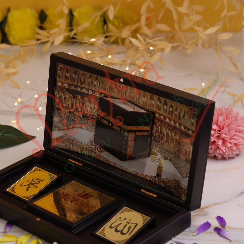 3D Makkah Sharif Kaaba Frame Box – Premium ABS Polymer Islamic Wall Art & Desk Decor – Divine Muslim Blessing Gift with Allah & Muhammad Calligraphy