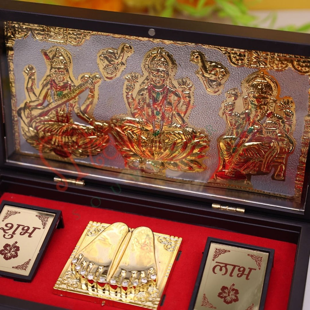 Premium Gold Plated Laxmi Ganesh Saraswati Charan Paduka Box – Durable ABS Polymer Spiritual Frame for Wealth, Wisdom & Auspicious Gifting