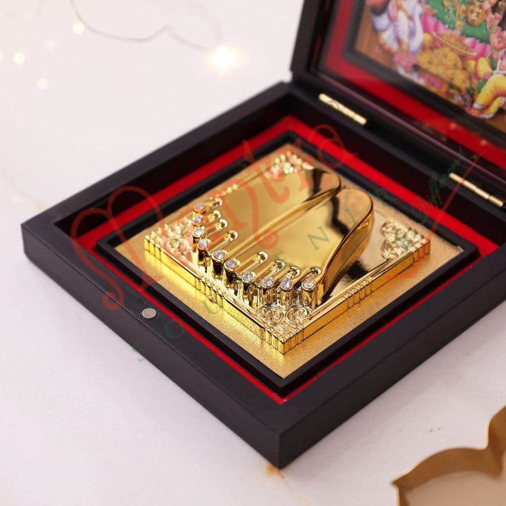 Lakshmi Ganesh Saraswati  Charan Paduka Box | Gold Finish Divine Footprints | Wealth Wisdom Prosperity Mandir Decor | Spiritual Religious Gift