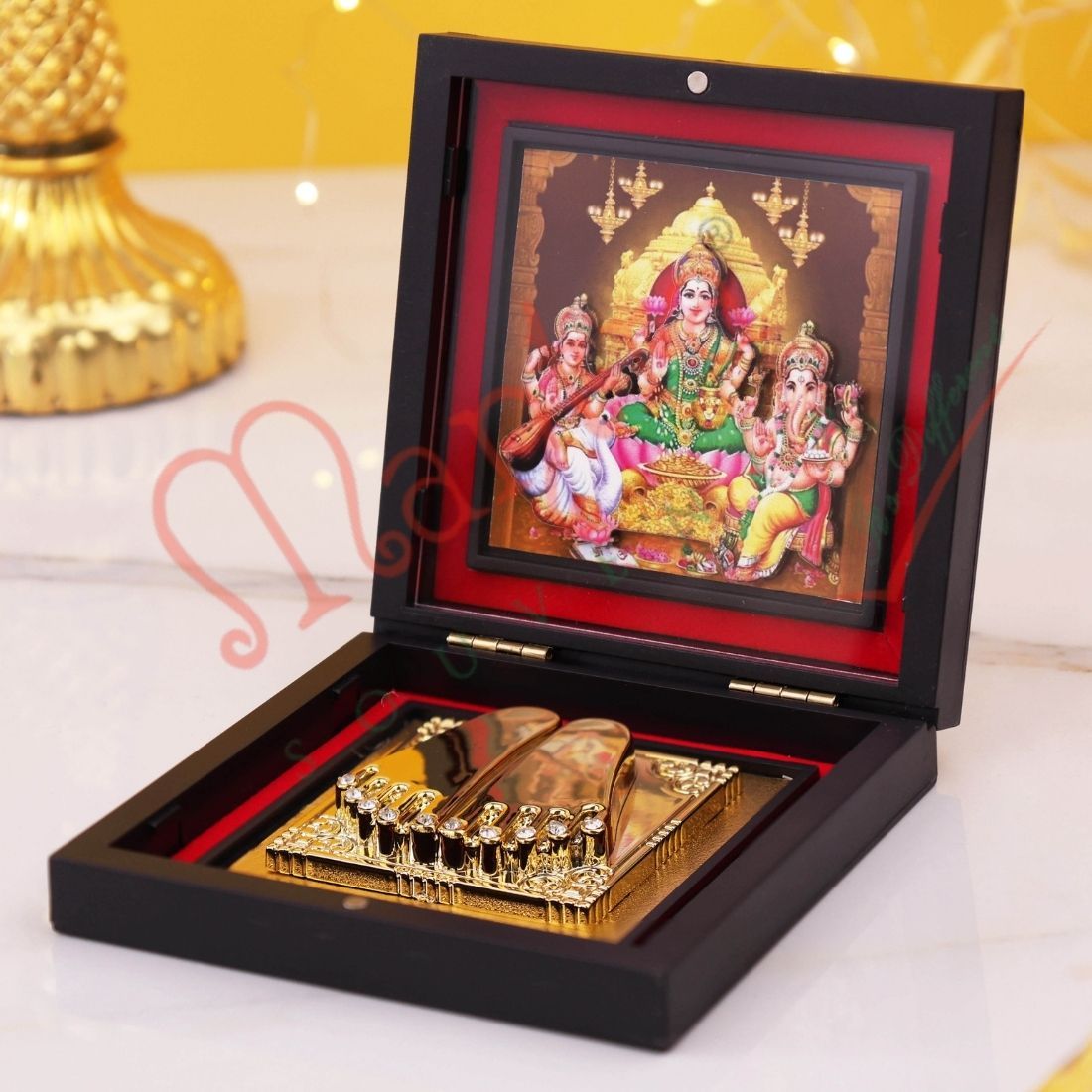 Lakshmi Ganesh Saraswati  Charan Paduka Box | Gold Finish Divine Footprints | Wealth Wisdom Prosperity Mandir Decor | Spiritual Religious Gift