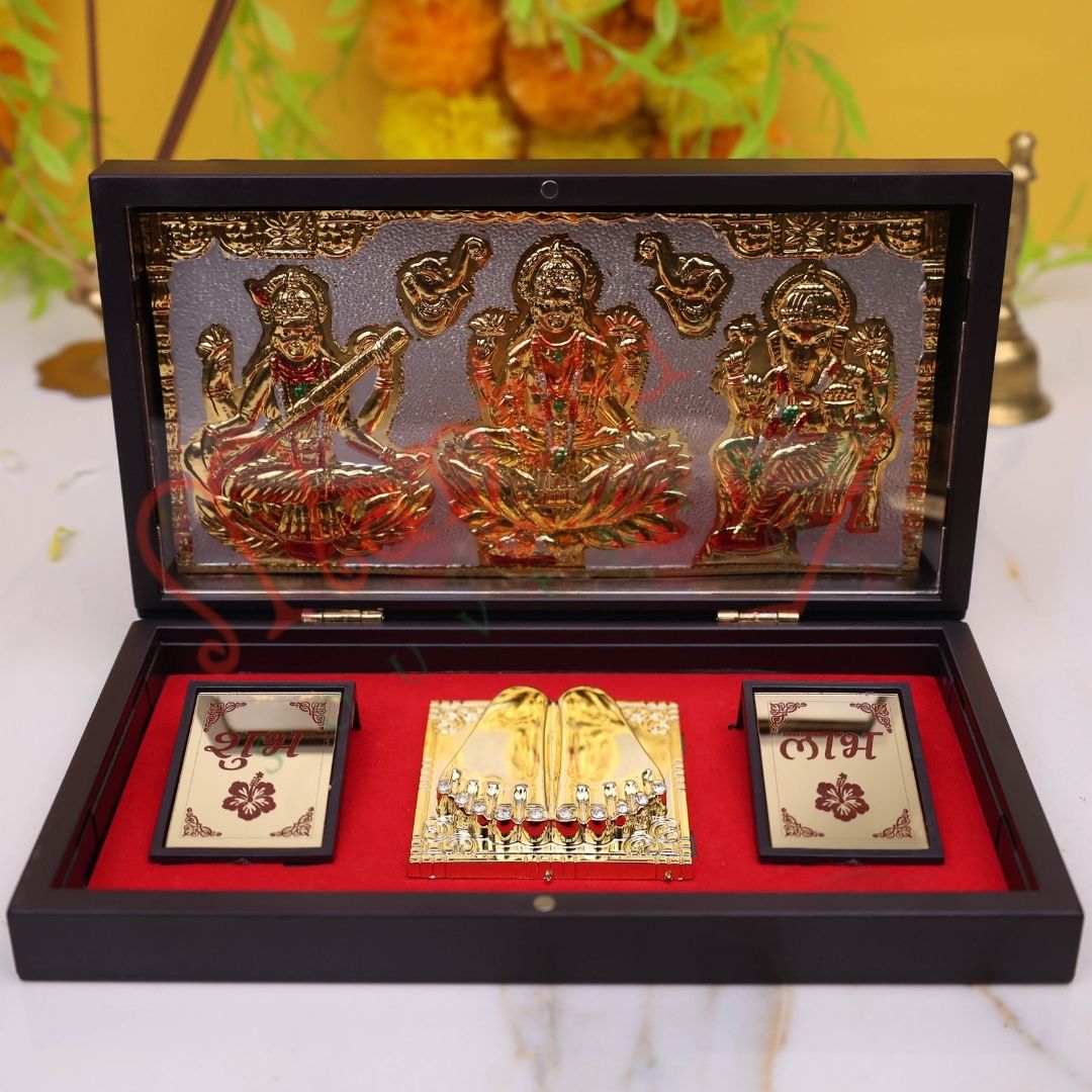 Premium Gold Plated Laxmi Ganesh Saraswati Charan Paduka Box – Durable ABS Polymer Spiritual Frame for Wealth, Wisdom & Auspicious Gifting