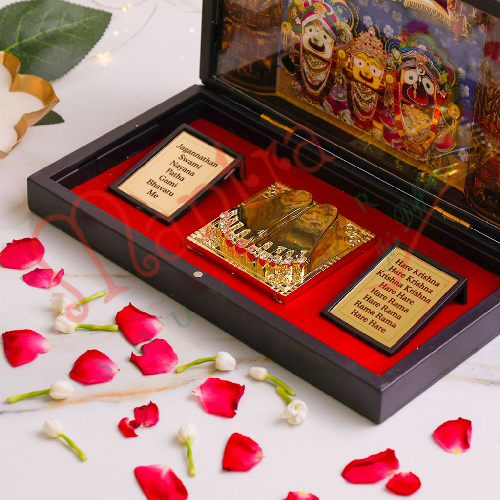 3D Jagannath Puri Charan Paduka Box – Premium ABS Polymer Mahaprabhu Idol – Divine Puri Dham Blessing Gift with Sacred Jagannath Ashtakam