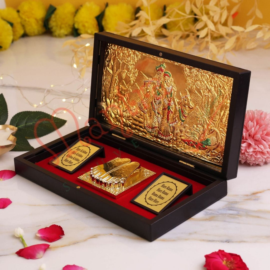 Gold Plated Radha Krishna Charan Paduka Box – Premium ABS Polymer Divine Couple Idol for Home Temple & Decor – Spiritual Blessing Gift with Maha Mantra Inscriptions