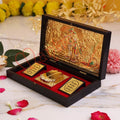 Gold Plated Radha Krishna Charan Paduka Box – Premium ABS Polymer Divine Couple Idol for Home Temple & Decor – Spiritual Blessing Gift with Maha Mantra Inscriptions
