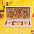 Marvel Gold Plated Laxmi Ganesh Saraswati Frame with Charan Paduka in ABS Polymer Box | Spiritual Gift & Puja Decor