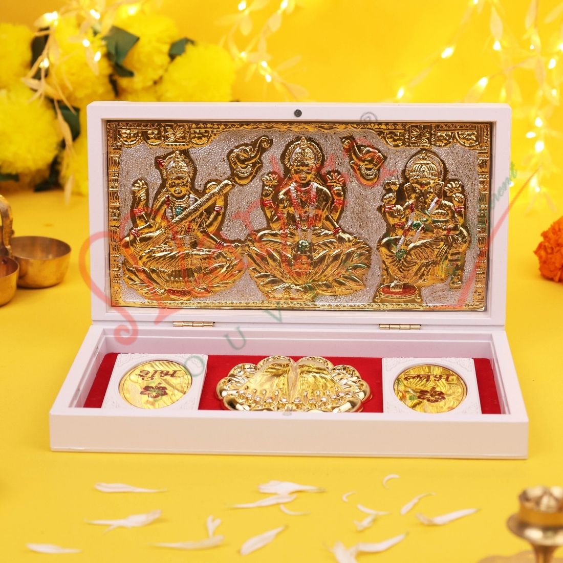 Marvel Gold Plated Laxmi Ganesh Saraswati Frame with Charan Paduka in ABS Polymer Box | Spiritual Gift & Puja Decor