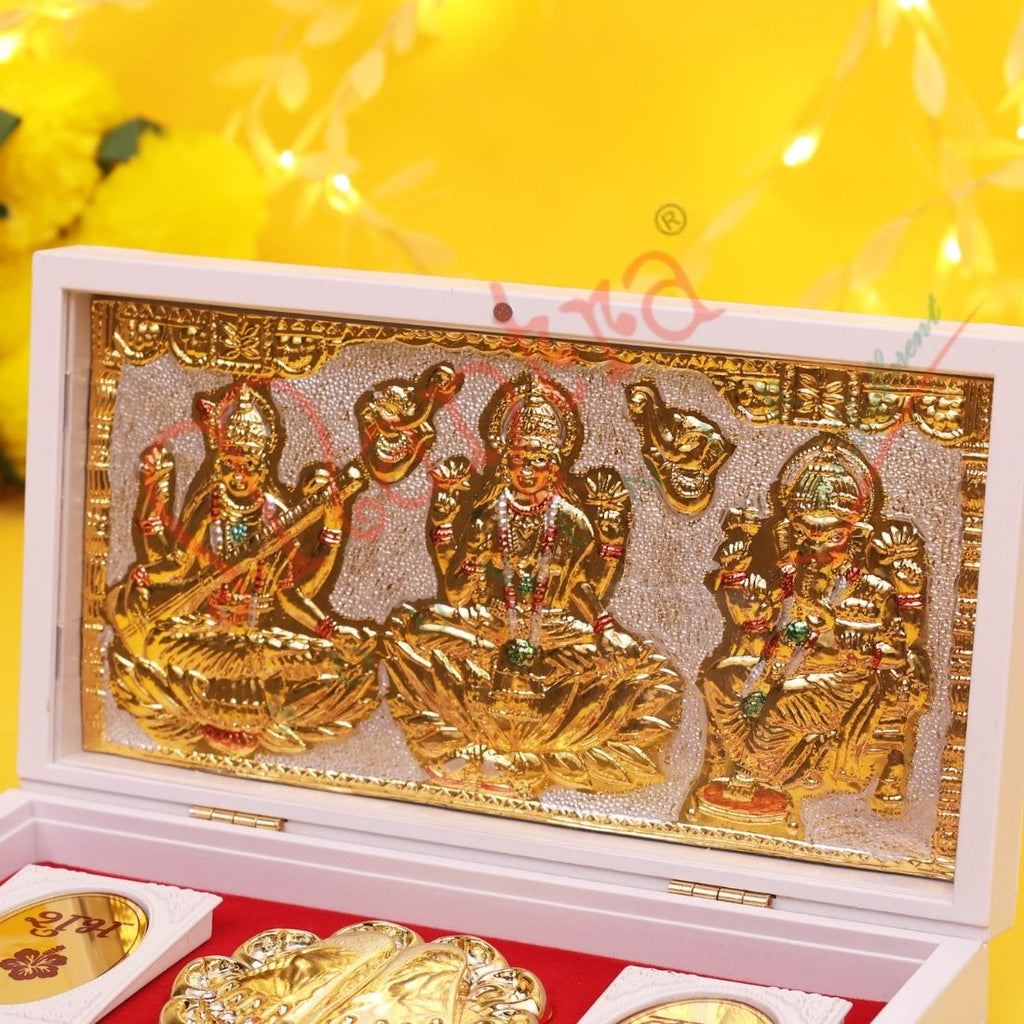 Marvel Gold Plated Laxmi Ganesh Saraswati Frame with Charan Paduka in ABS Polymer Box | Spiritual Gift & Puja Decor