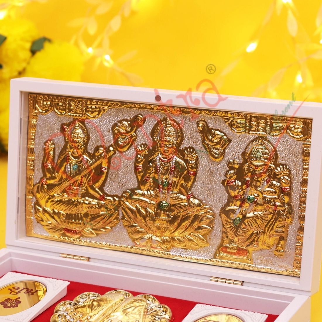 Marvel Gold Plated Laxmi Ganesh Saraswati Frame with Charan Paduka in ABS Polymer Box | Spiritual Gift & Puja Decor