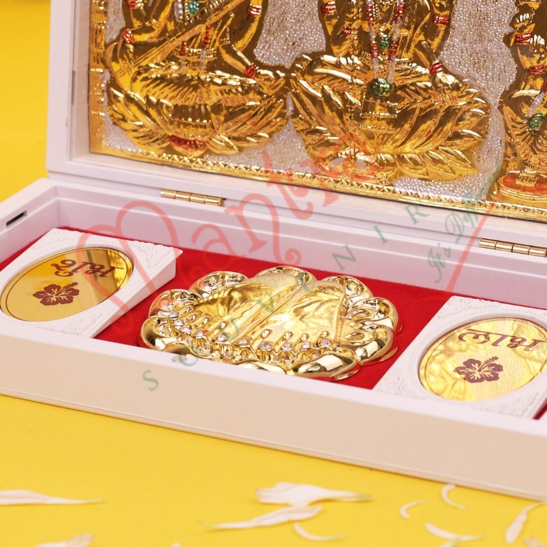 Marvel Gold Plated Laxmi Ganesh Saraswati Frame with Charan Paduka in ABS Polymer Box | Spiritual Gift & Puja Decor