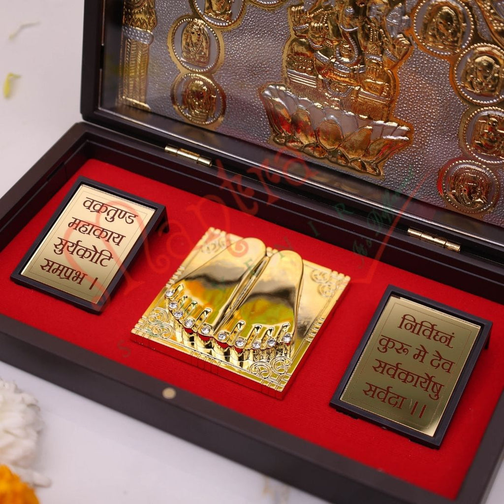 Premium Gold Plated Lotus Ganesha Charan Paduka Box – Durable ABS Polymer Spiritual Frame for Home Decor, Office Desk & Auspicious Gifting