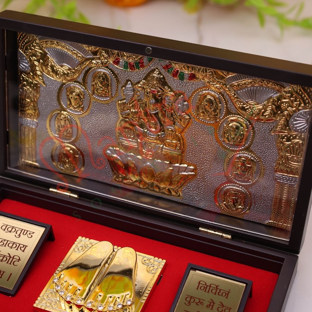 Premium Gold Plated Lotus Ganesha Charan Paduka Box – Durable ABS Polymer Spiritual Frame for Home Decor, Office Desk & Auspicious Gifting