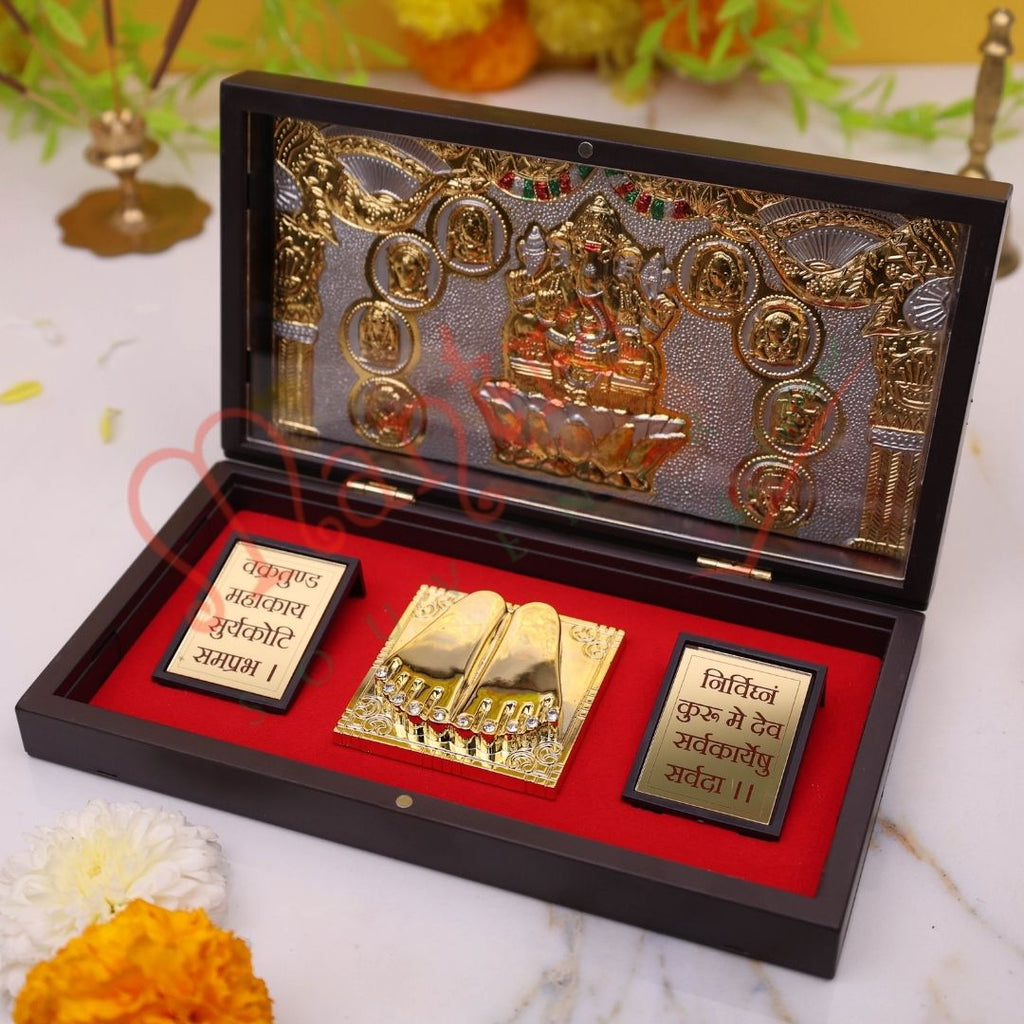 Premium Gold Plated Lotus Ganesha Charan Paduka Box – Durable ABS Polymer Spiritual Frame for Home Decor, Office Desk & Auspicious Gifting