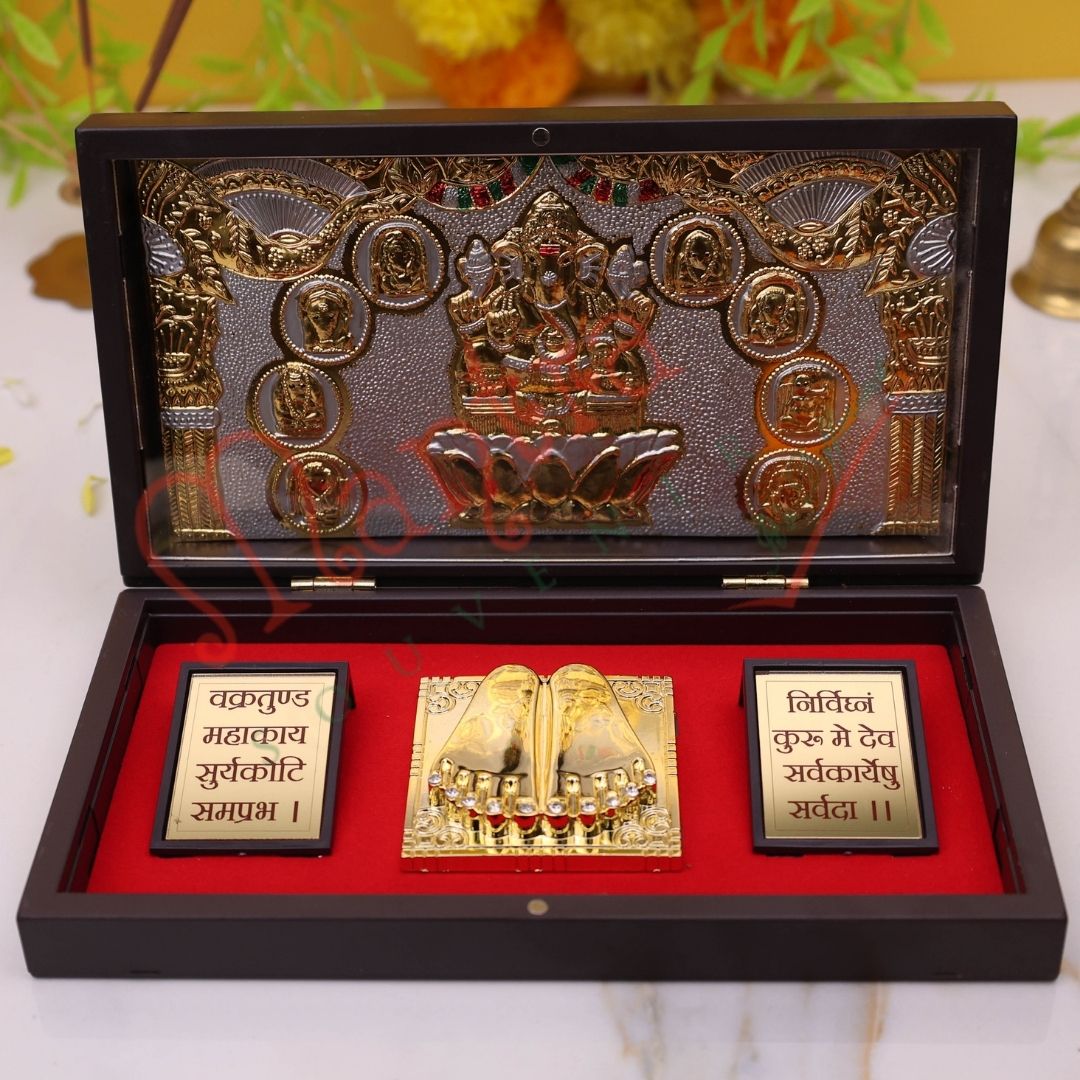 Premium Gold Plated Lotus Ganesha Charan Paduka Box – Durable ABS Polymer Spiritual Frame for Home Decor, Office Desk & Auspicious Gifting