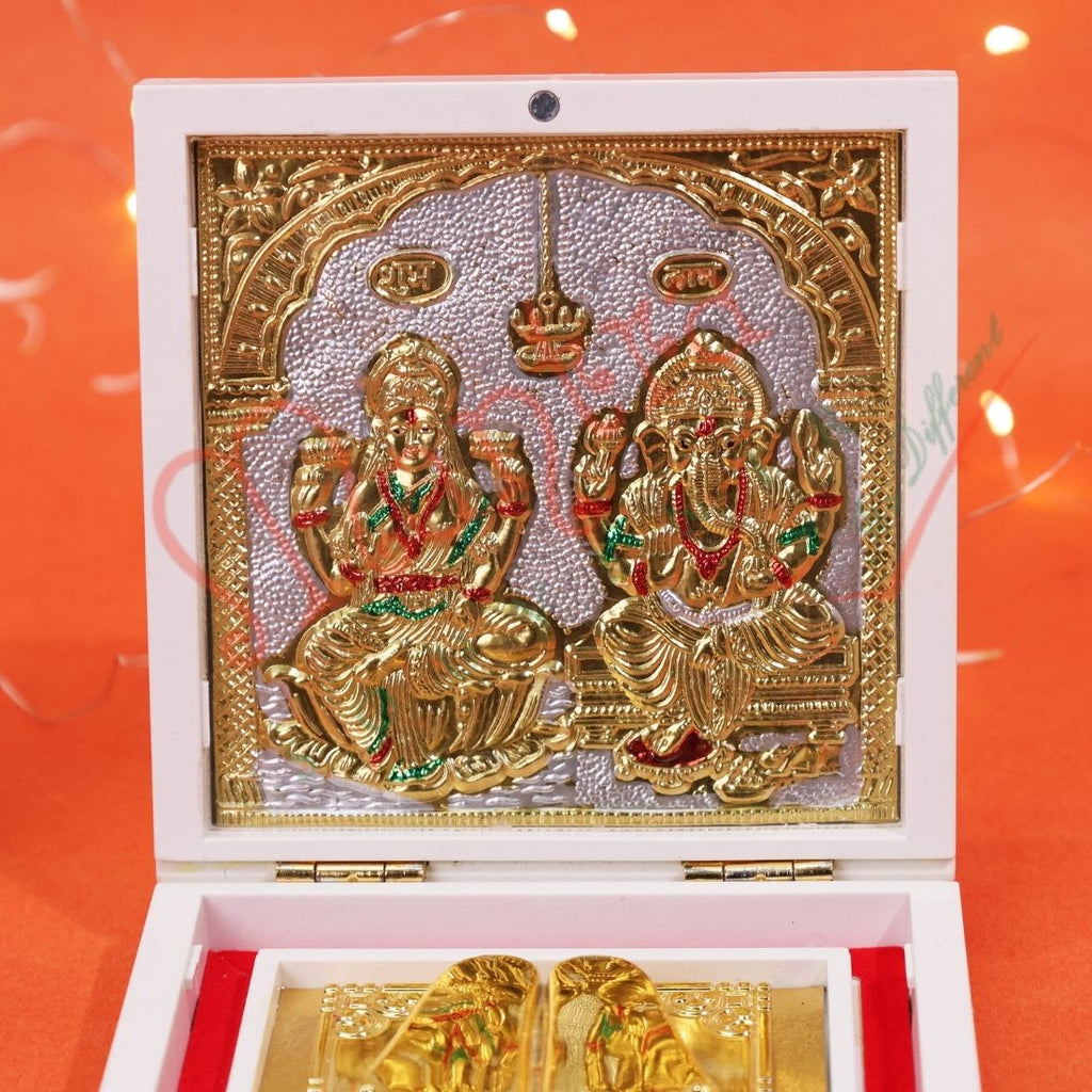 Marvel White Edition Gold Plated Laxmi Ganesha Charan Paduka Box – Divine Shubh Labh Gift for Wealth & Prosperity