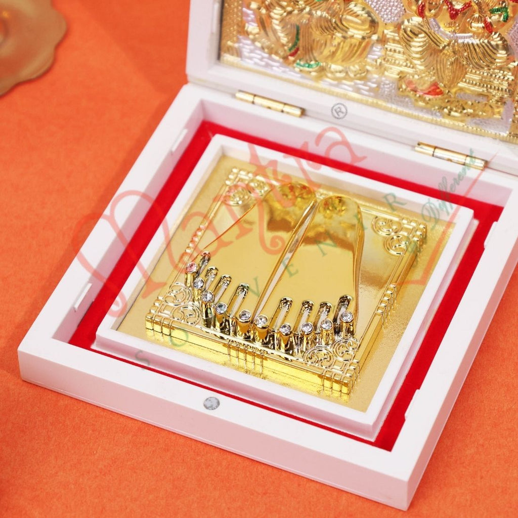 Marvel White Edition Gold Plated Laxmi Ganesha Charan Paduka Box – Divine Shubh Labh Gift for Wealth & Prosperity