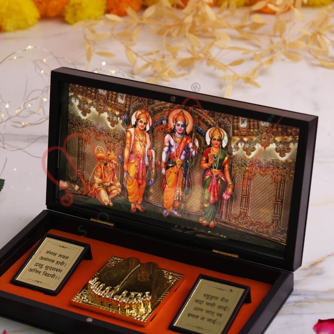 Humsafar 3D Ram Darbar Charan Paduka Gold Plated Box – Spiritual Gift for Home Temple & Office Decor