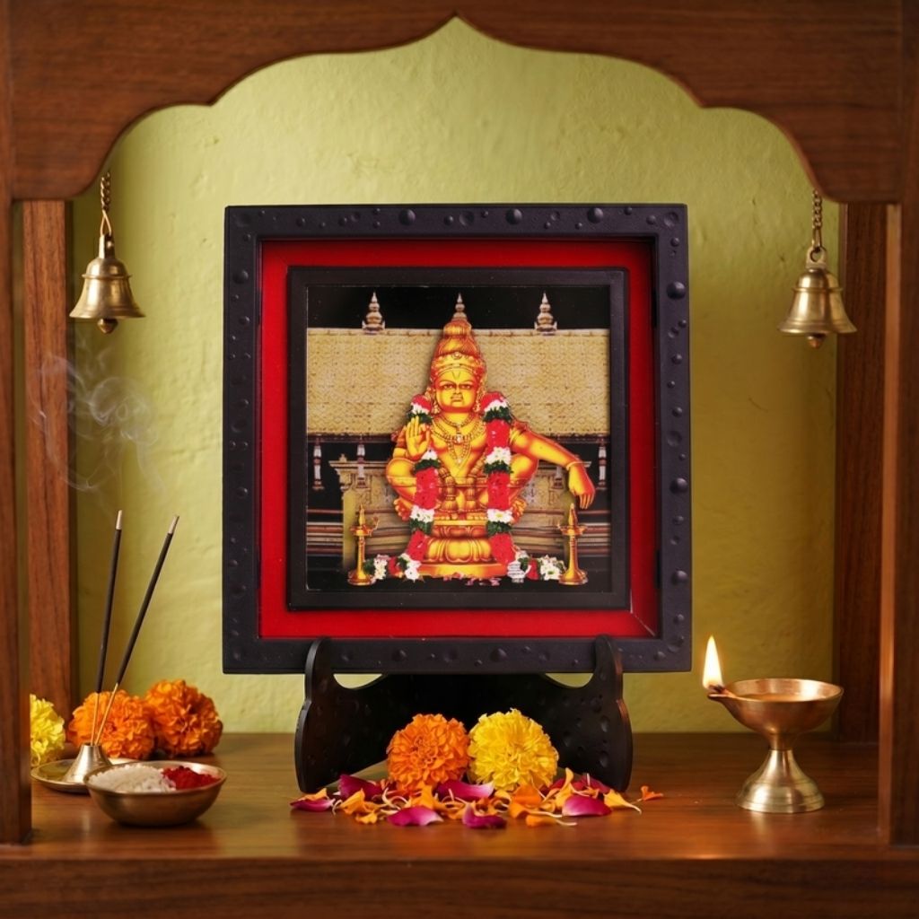 Classic 3D Ayyappa Deity Photo Frame with Stand for Home Temple | Premium Lord Ayyappa Spiritual Photo Frame for Pooja Room, Office Desk & Home Decor | Religious Devotional Gift Item for Housewarming & Festivals