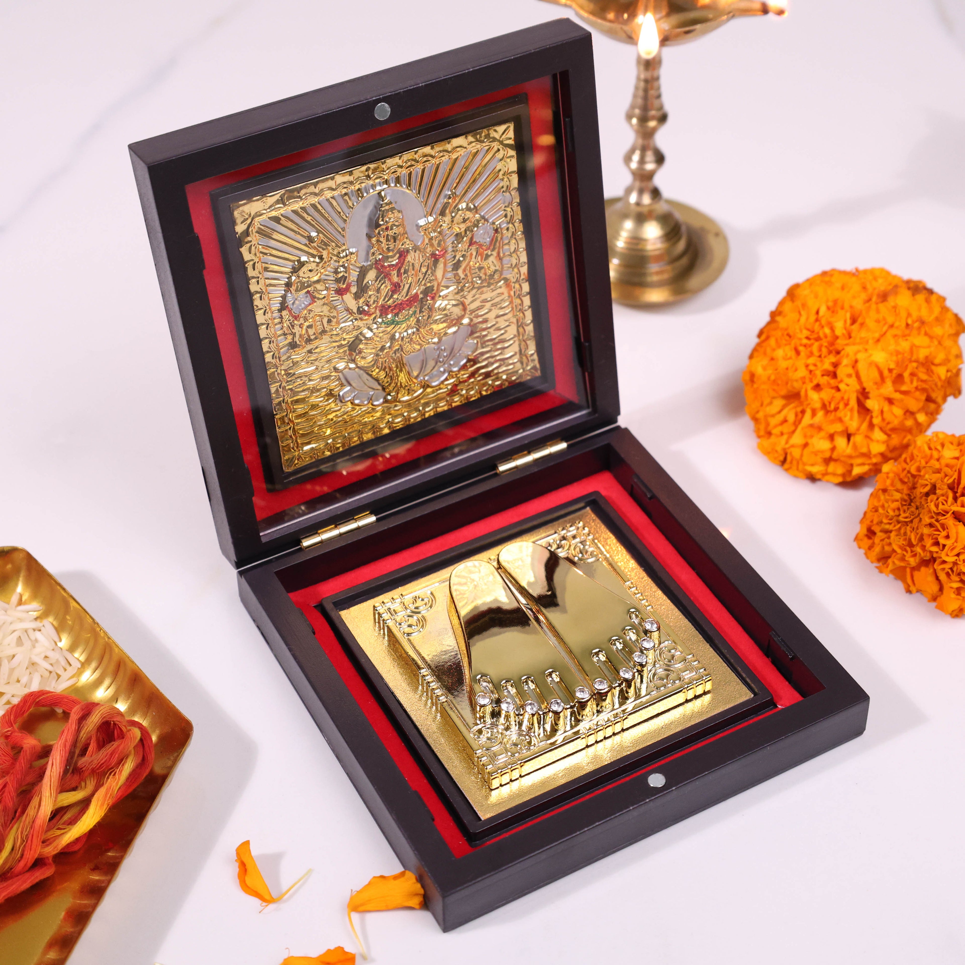 Yantram Golden Laxmi Charan Paduka in Decorative Wooden Box | Auspicious Gift for Pooja, Diwali & Vastu