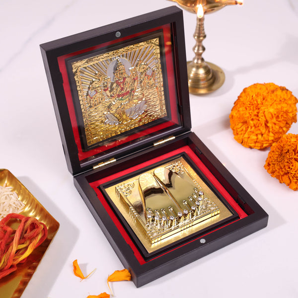 Golden Laxmi Charan Paduka in Decorative Wooden Box | Auspicious Gift for Pooja, Diwali & Vastu