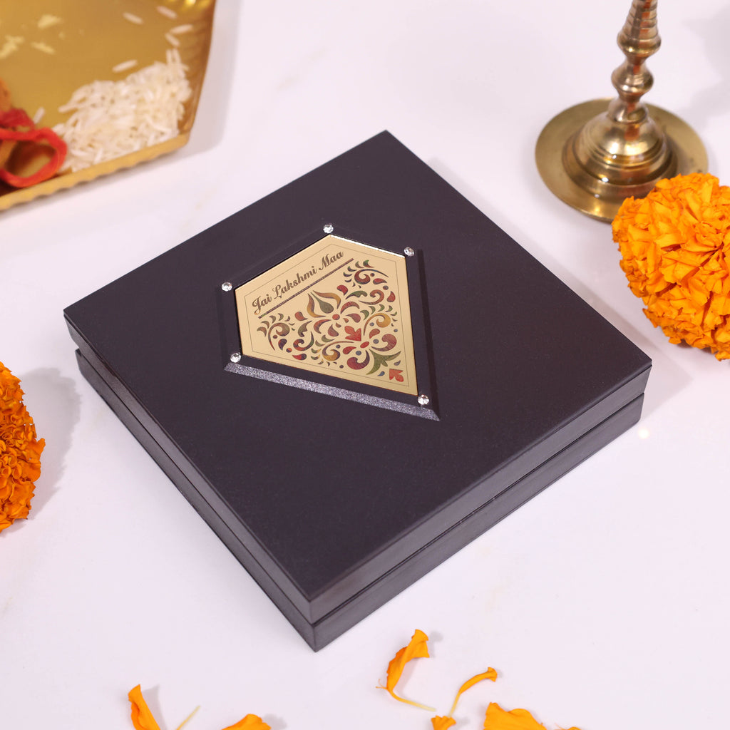 Yantram Golden Laxmi Charan Paduka in Decorative Wooden Box | Auspicious Gift for Pooja, Diwali & Vastu