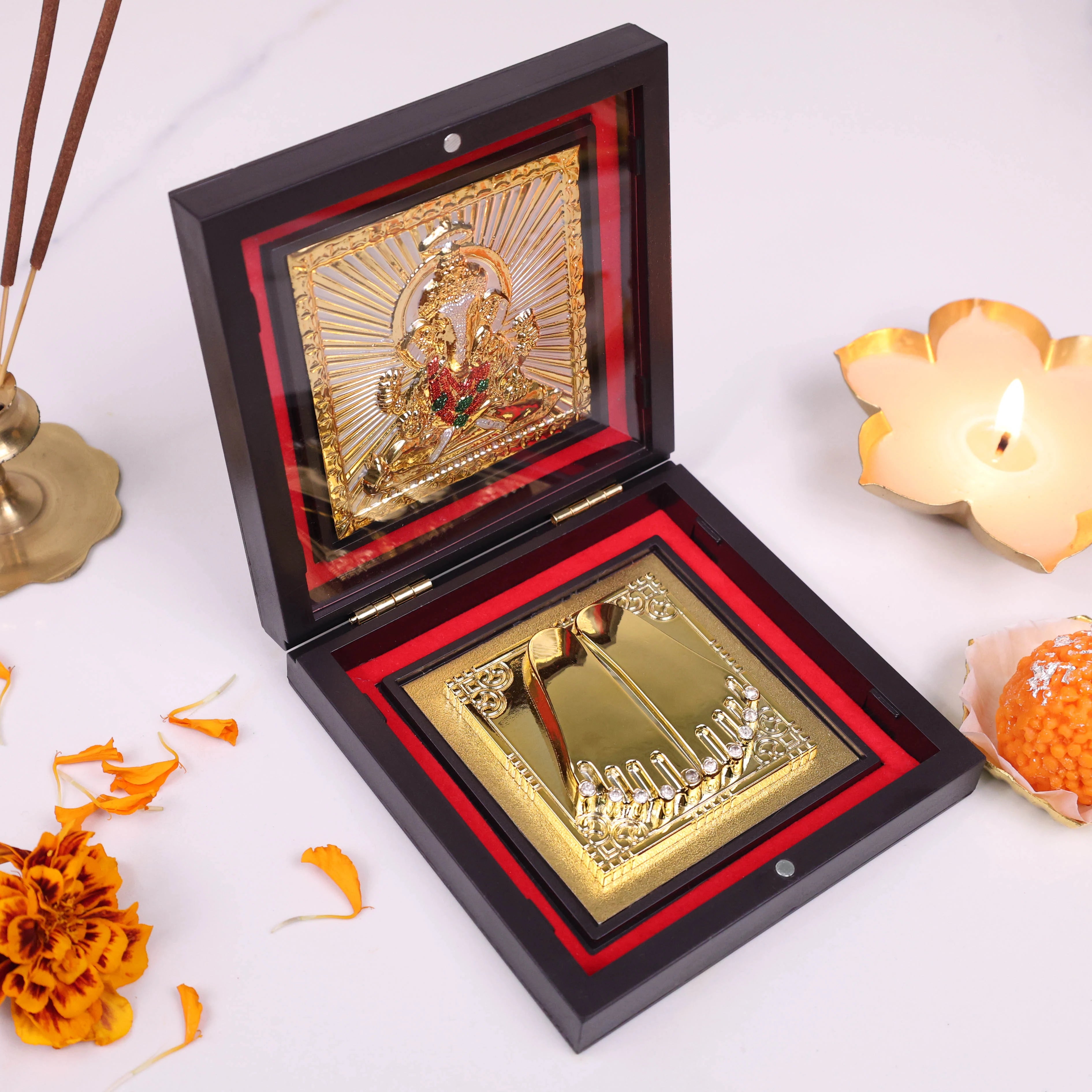 Yantram Lord Ganesha Charan Paduka in Brown Gift Box | Spiritual Gifting