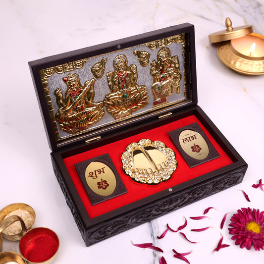 Premium Wooden Pooja Box with Lakshmi Ganesh Saraswati & Charan Paduka | Shubh Labh Religious Gift