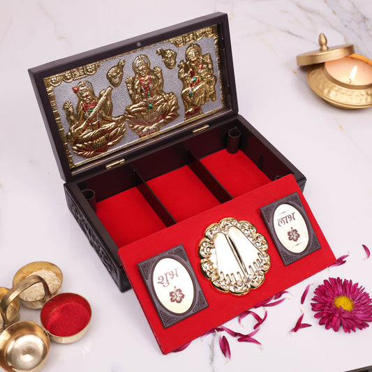 Premium Wooden Pooja Box with Lakshmi Ganesh Saraswati & Charan Paduka | Shubh Labh Religious Gift
