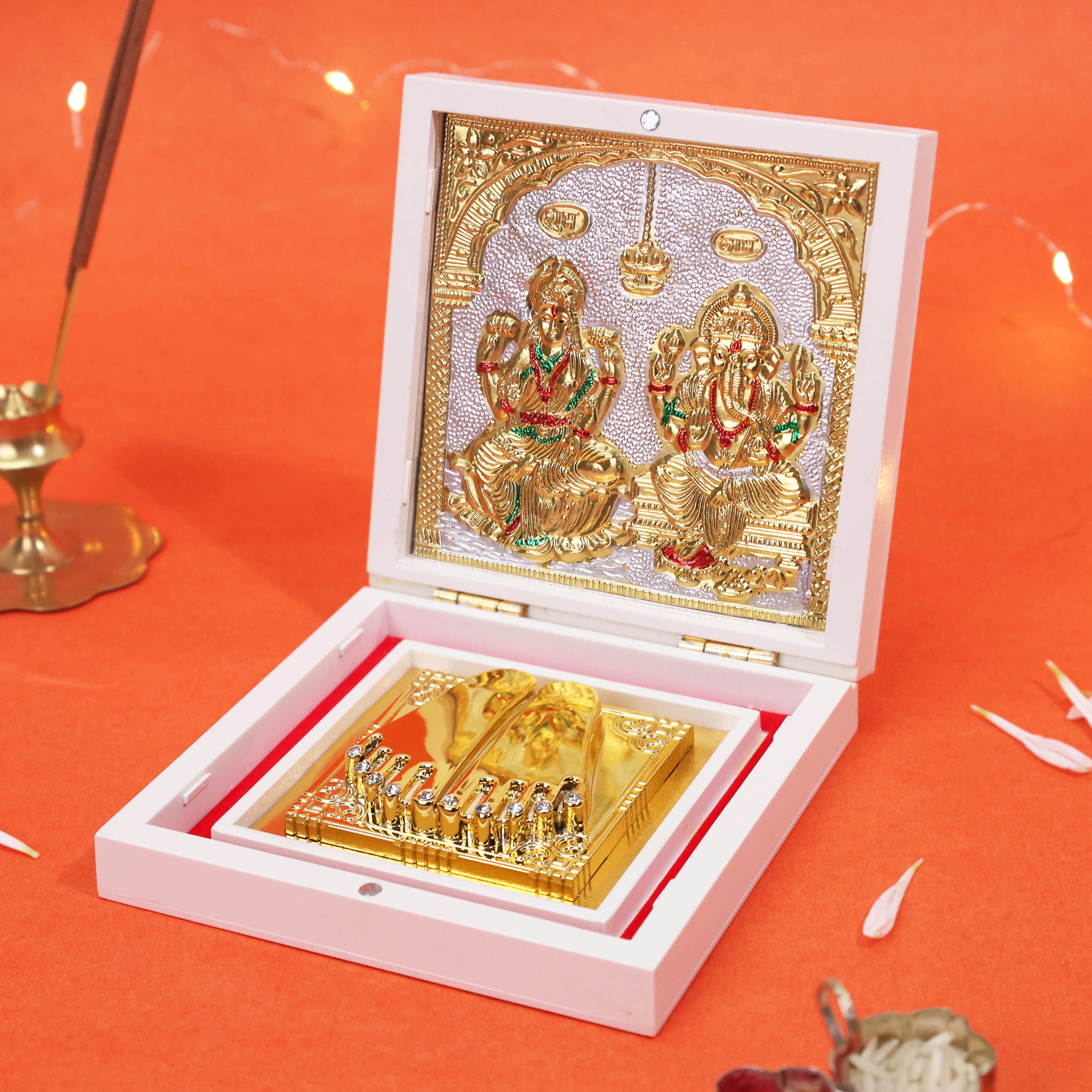 M. Yantram Lakshmi Ganesh Charan Paduka Box for Pooja Room Temple Home Decor Office Mandir Gift | Diwali Gift Spiritual Decor Religious Items