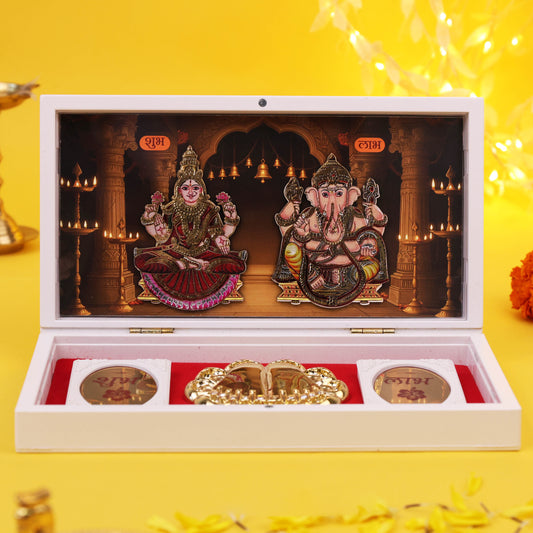 Premium 3D Charan Paduka Lakshmi Ganesh Idol box for Pooja Mandir Home Temple Office | Diwali Decoration Shubh Labh Coins Gift Box